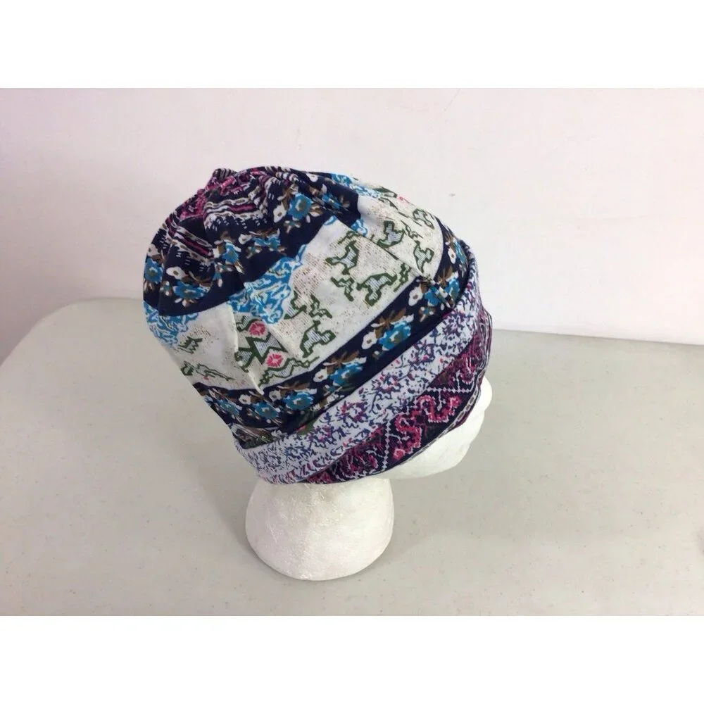 Blue Floral Winter Hat Beanie Womens One Size